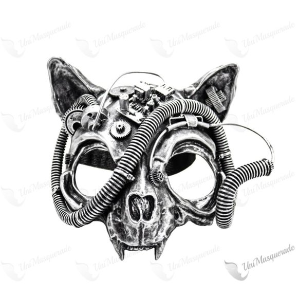 Silver Steampunk Robot Skull Cat Face Halloween Party Costume Face Mask - Picture 1 of 3